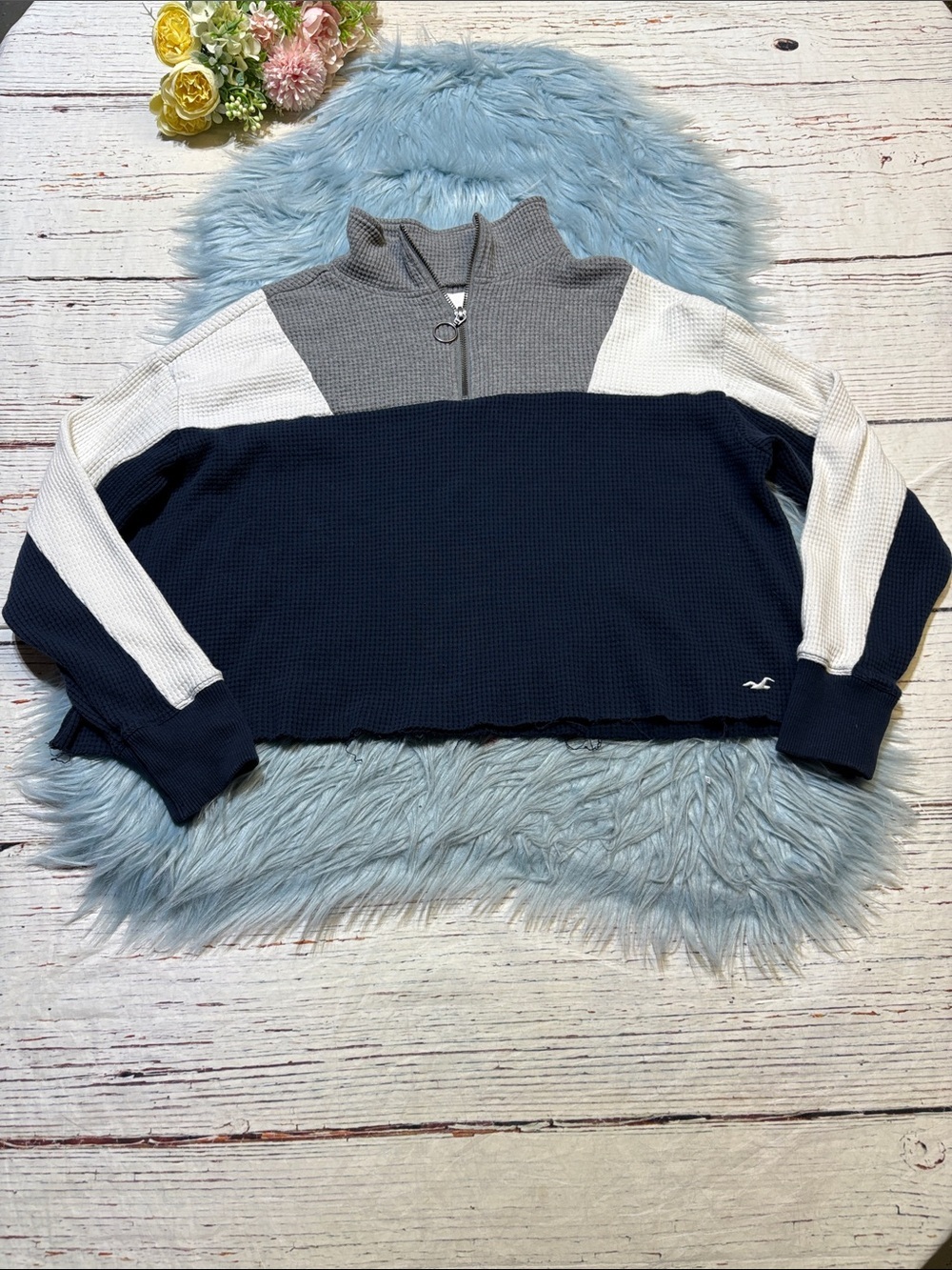Hollister Colorblock Quarter Zip Waffle Knit Cropped Raw Hem Pullover sz S